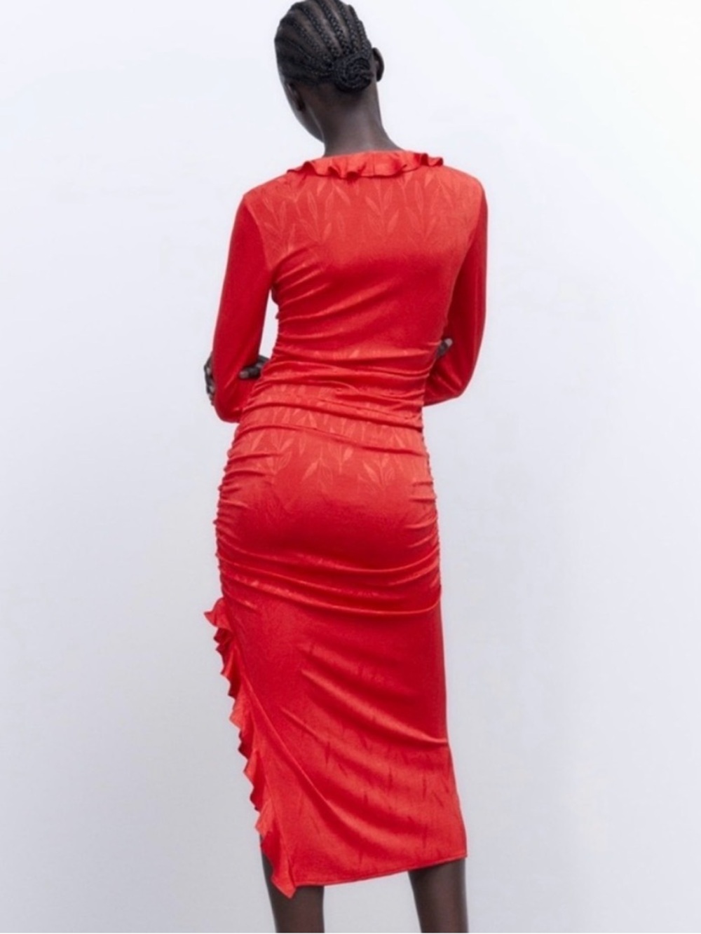 Zara Red Ruffle Ruched Long Sleeve Dress - Picture 4 of 10